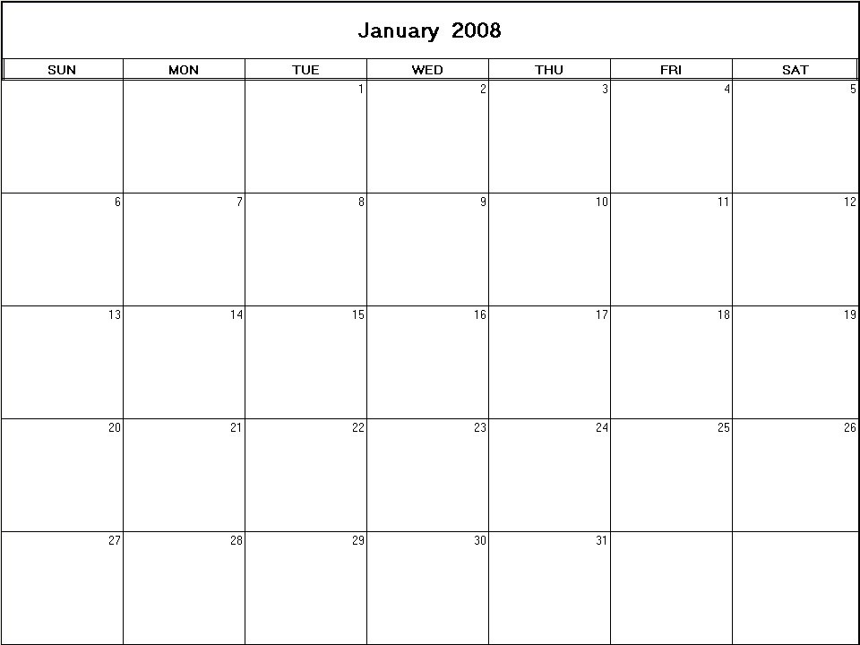 printable blank calendar image for January 2008