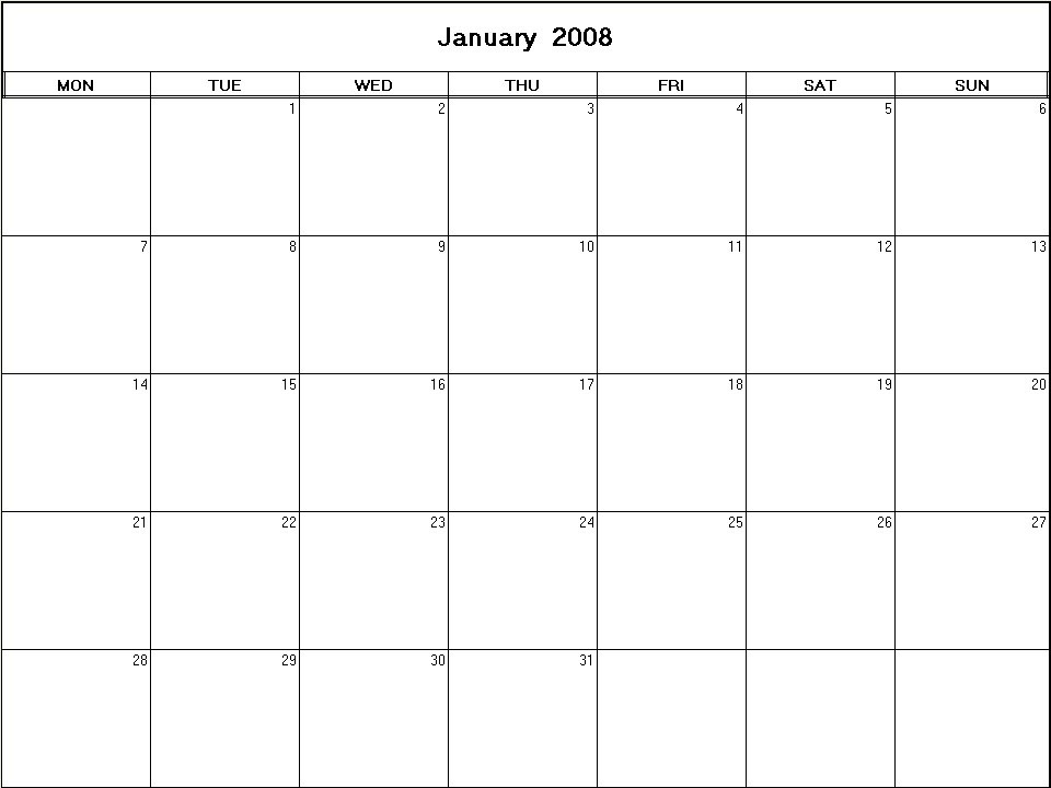 printable blank calendar image for January 2008
