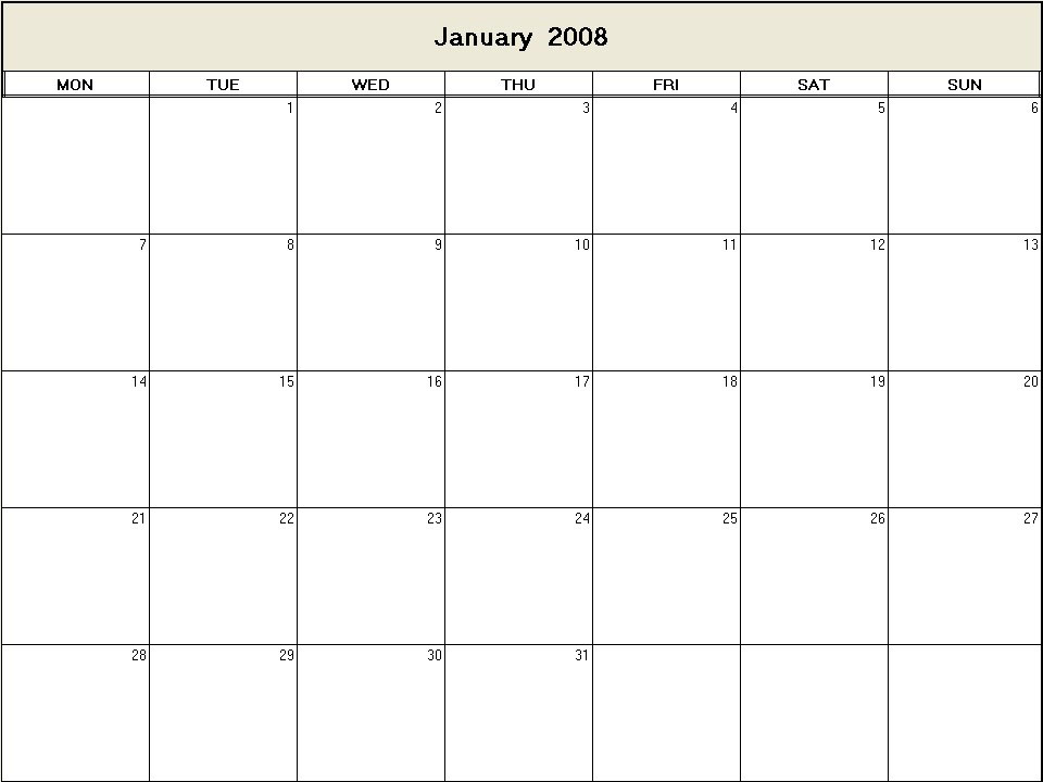 printable blank calendar image for January 2008