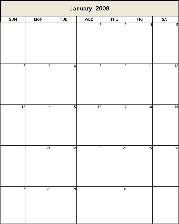 printable blank calendar image for January 2008