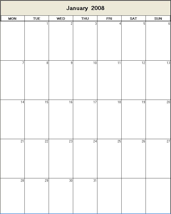 printable blank calendar image for January 2008