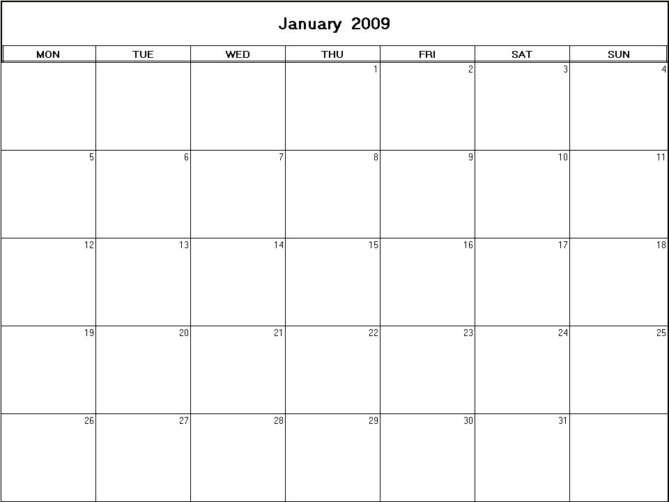 printable blank calendar image for January 2009