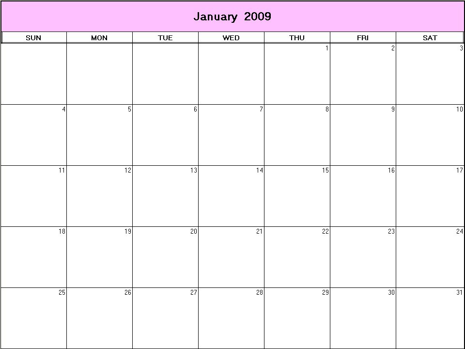 printable blank calendar image for January 2009