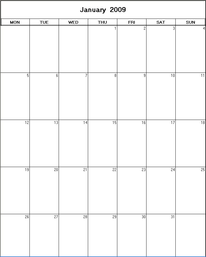 printable blank calendar image for January 2009