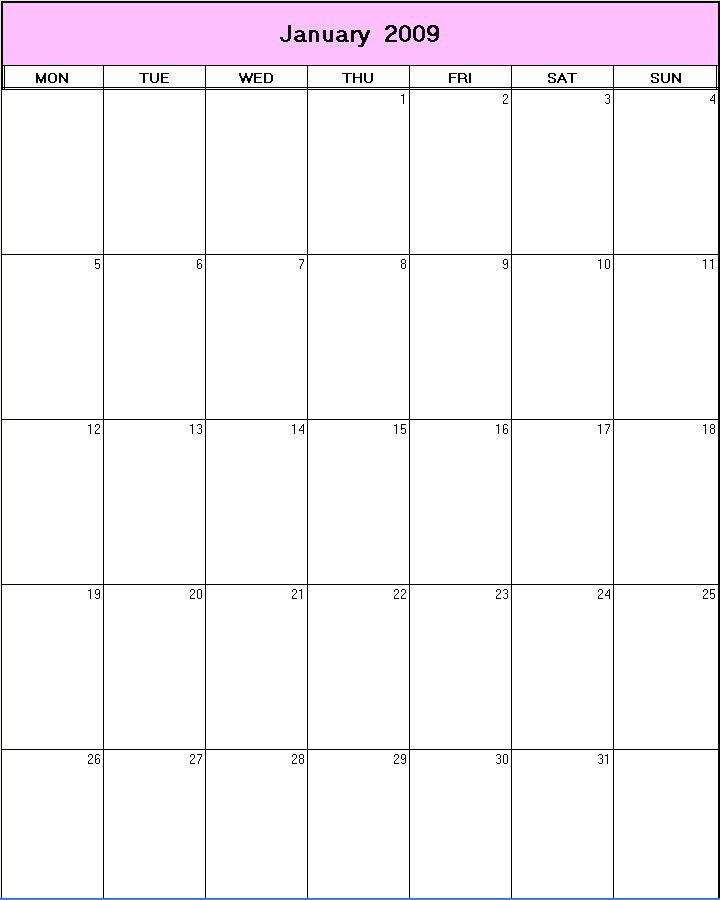 printable blank calendar image for January 2009