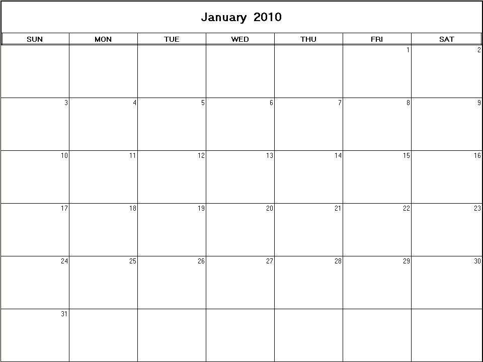 printable blank calendar image for January 2010