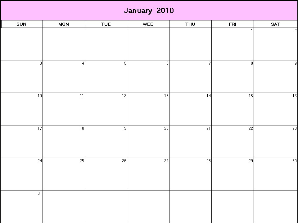 printable blank calendar image for January 2010