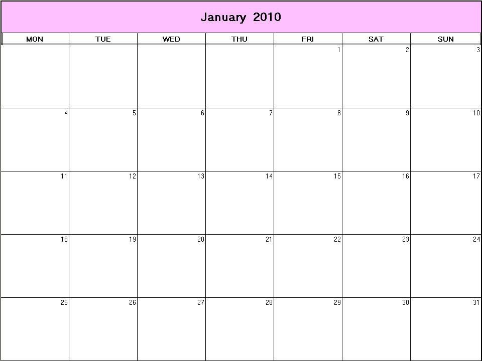 printable blank calendar image for January 2010