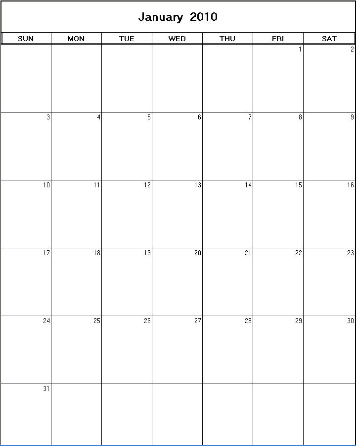 printable blank calendar image for January 2010