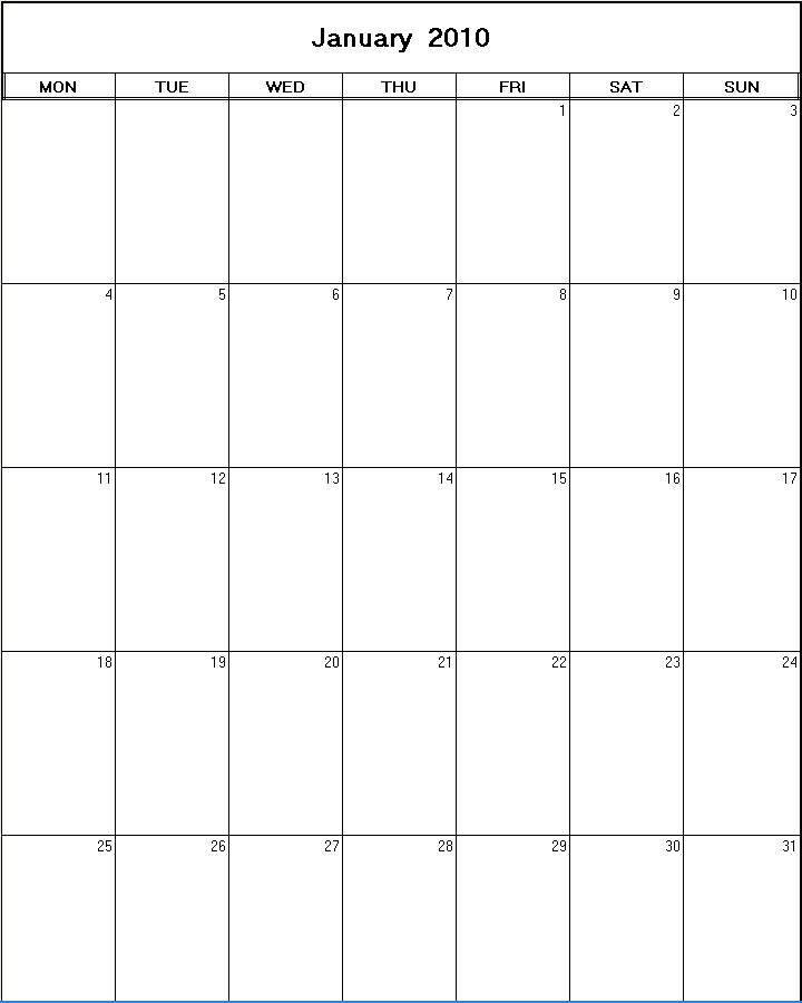 printable blank calendar image for January 2010