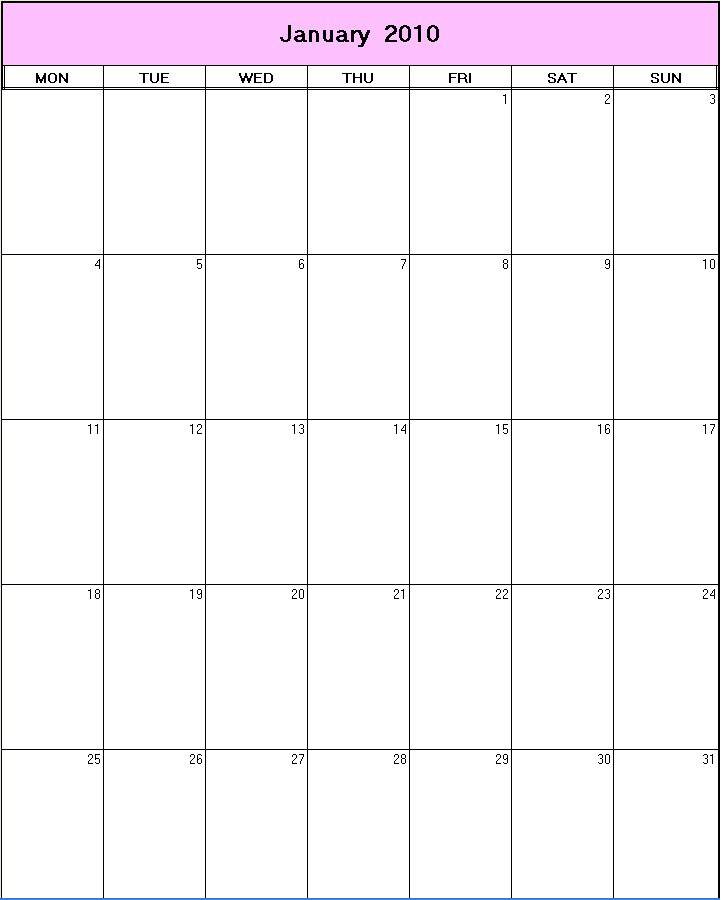 printable blank calendar image for January 2010
