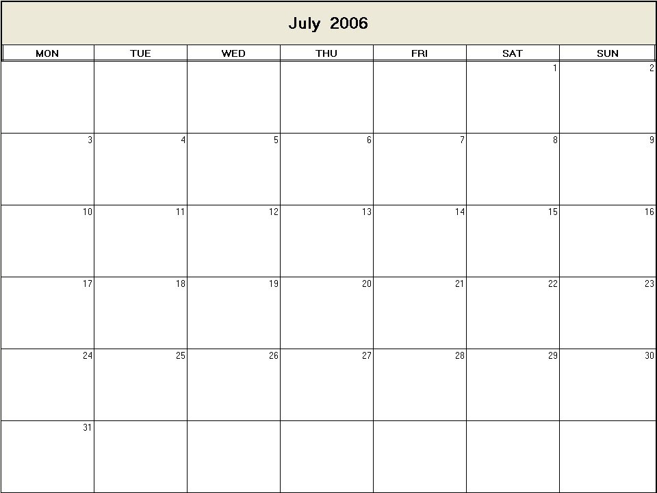 printable blank calendar image for July 2006