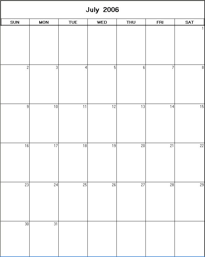 printable blank calendar image for July 2006