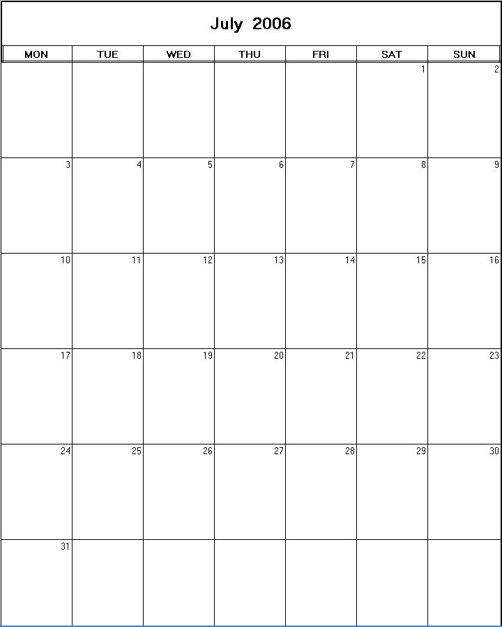 printable blank calendar image for July 2006