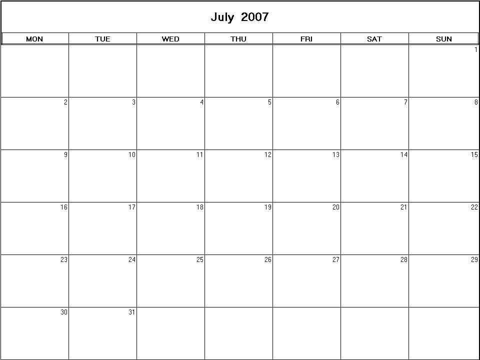 printable blank calendar image for July 2007