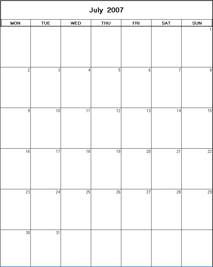 printable blank calendar image for July 2007