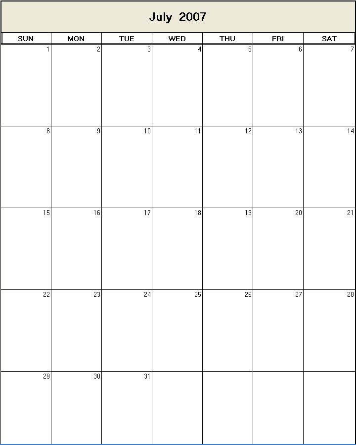 printable blank calendar image for July 2007