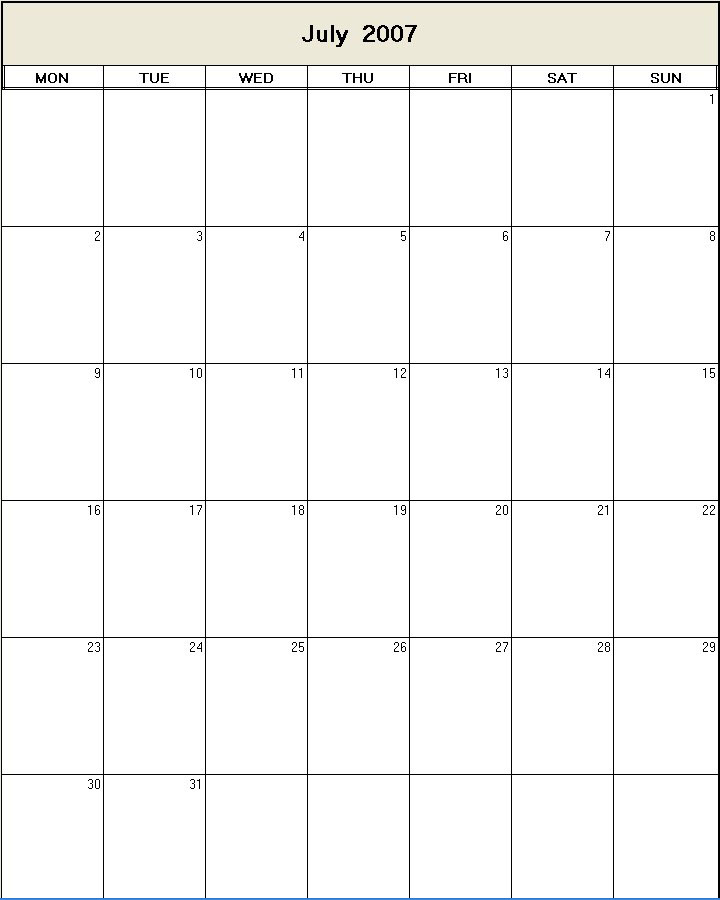 printable blank calendar image for July 2007