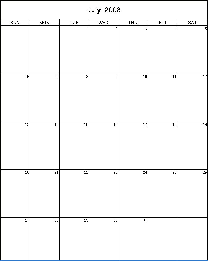 printable blank calendar image for July 2008