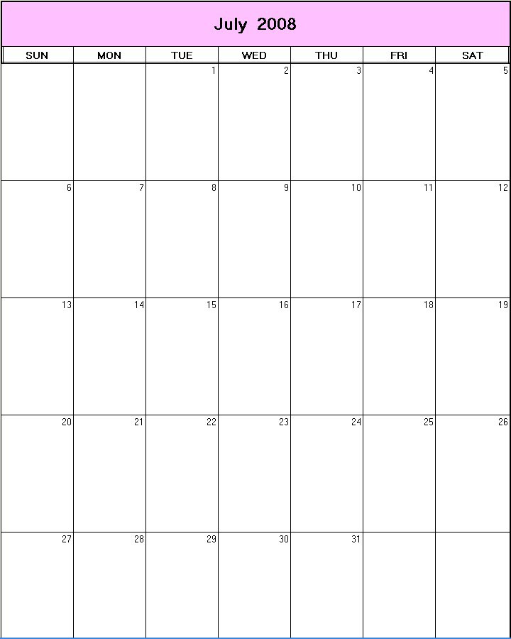 printable blank calendar image for July 2008