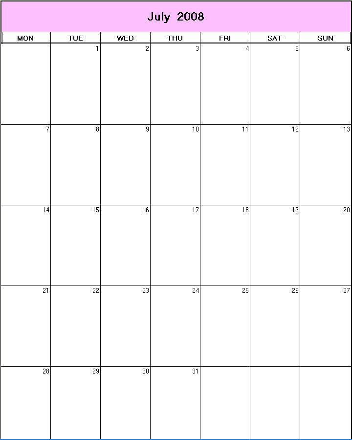 printable blank calendar image for July 2008