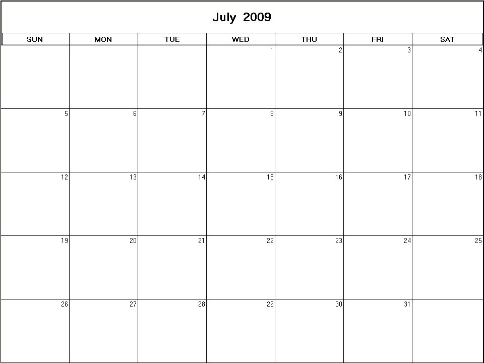 printable blank calendar image for July 2009