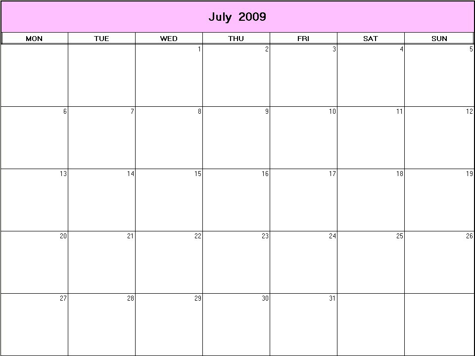 printable blank calendar image for July 2009