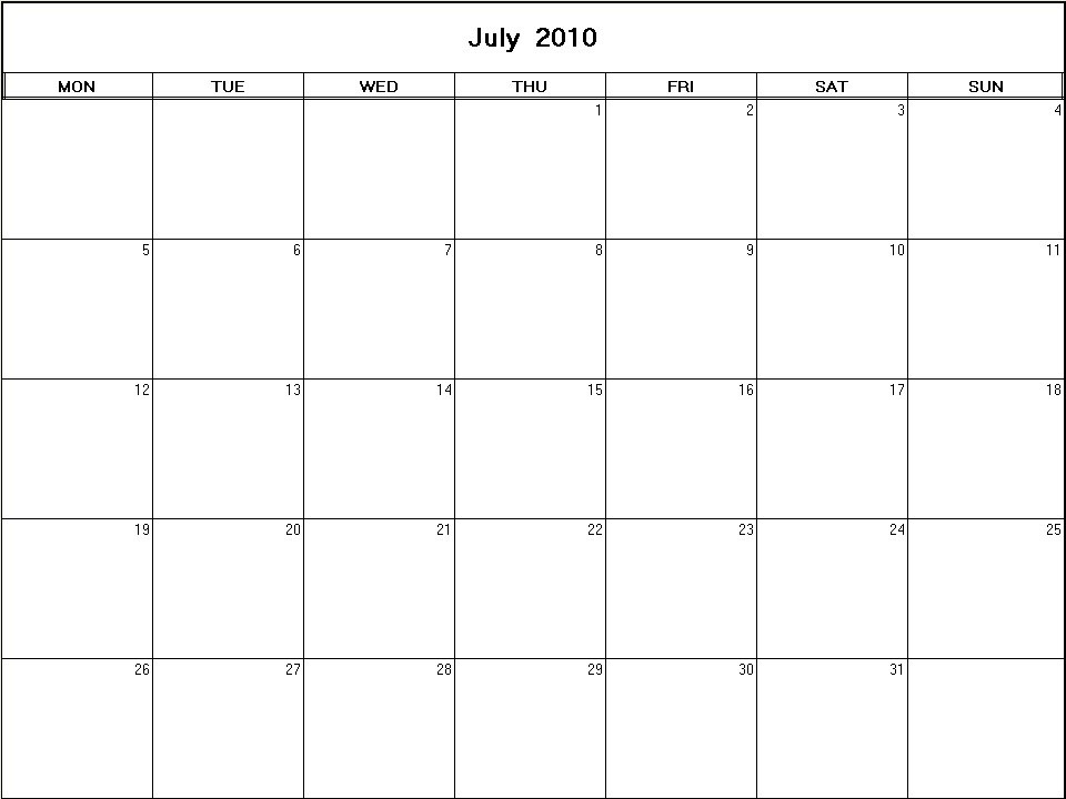 printable blank calendar image for July 2010