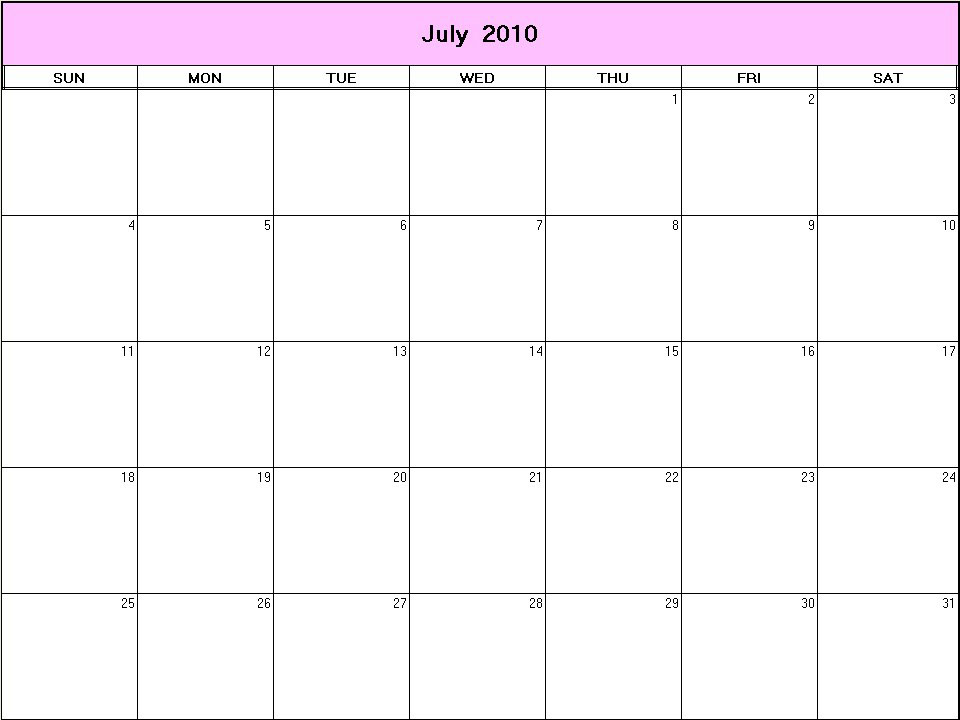 printable blank calendar image for July 2010