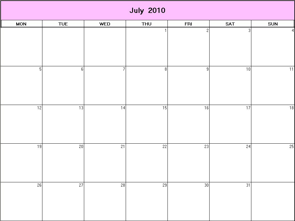 printable blank calendar image for July 2010