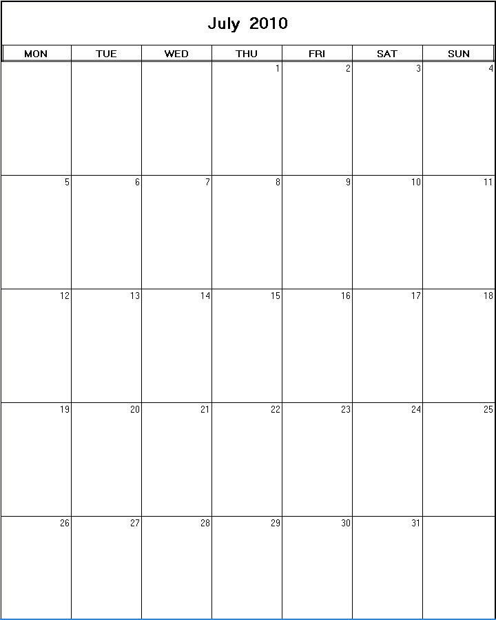 printable blank calendar image for July 2010