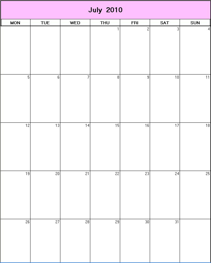printable blank calendar image for July 2010