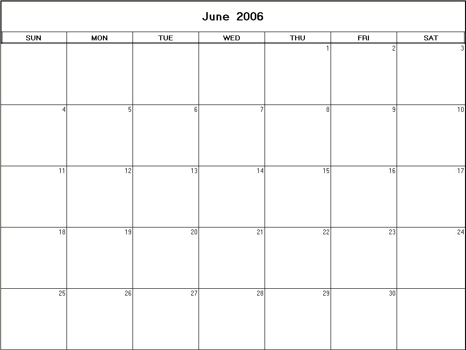 printable blank calendar image for June 2006