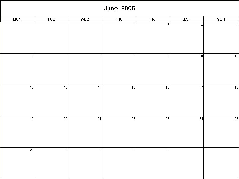 printable blank calendar image for June 2006