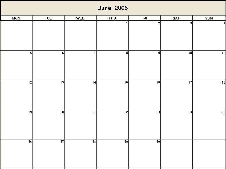printable blank calendar image for June 2006