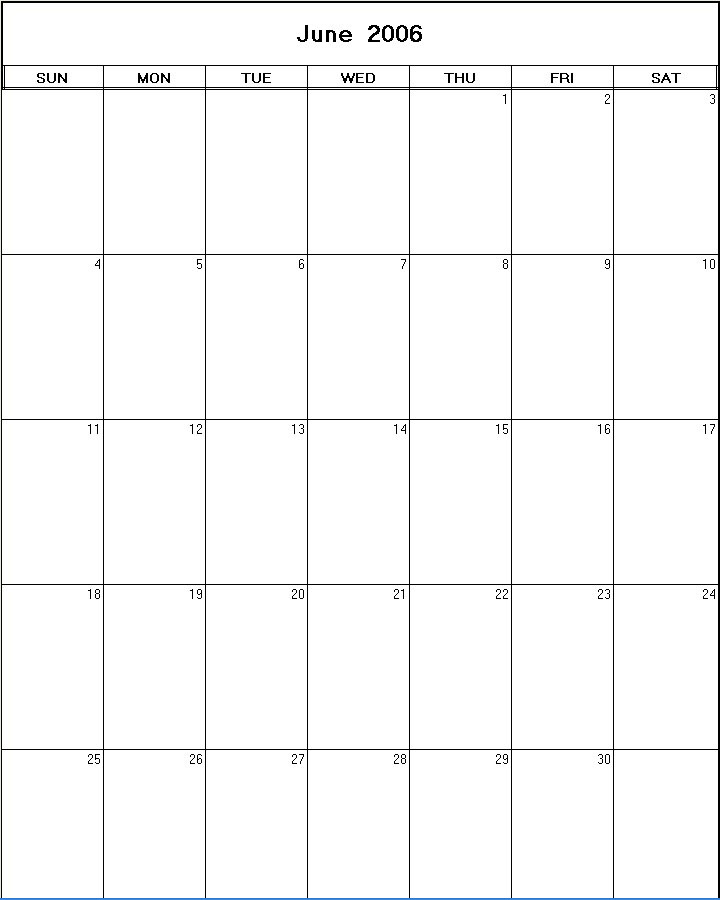 printable blank calendar image for June 2006