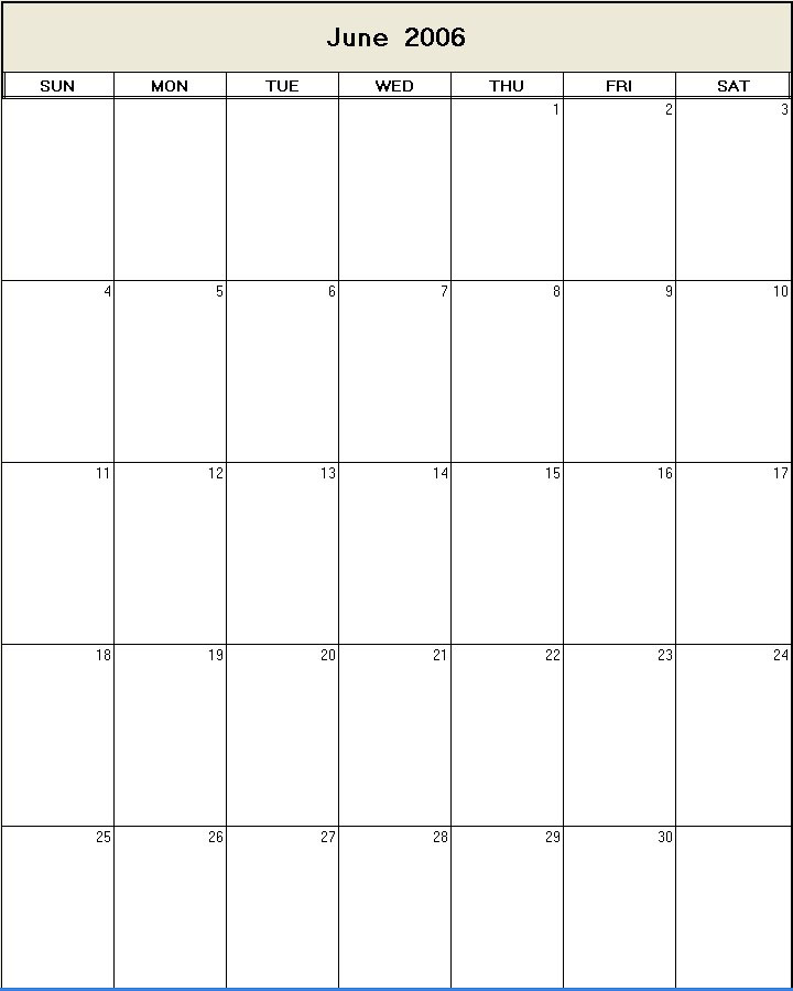 printable blank calendar image for June 2006