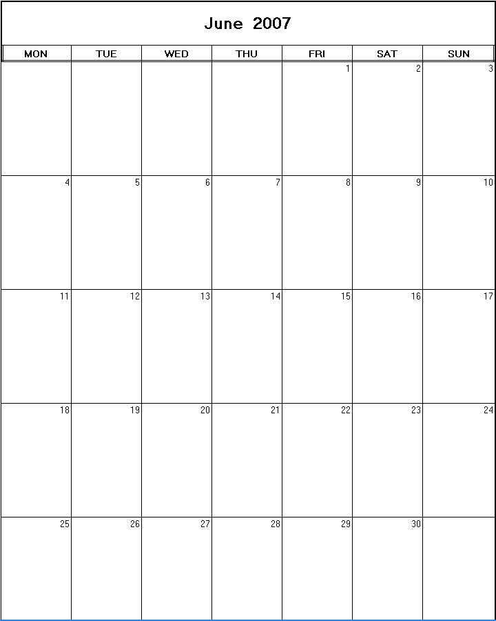printable blank calendar image for June 2007