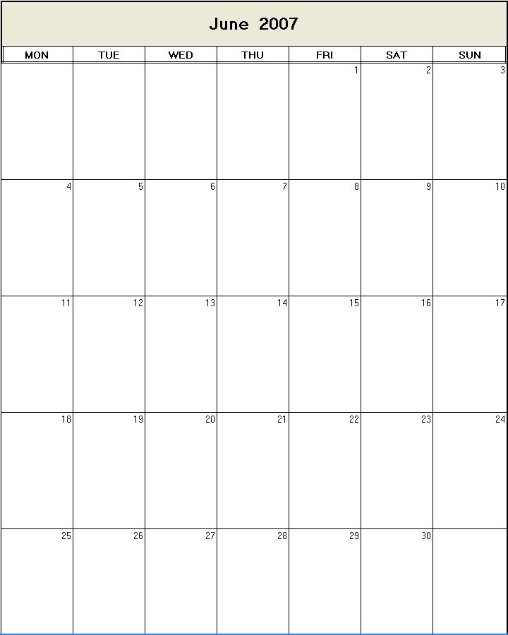 printable blank calendar image for June 2007