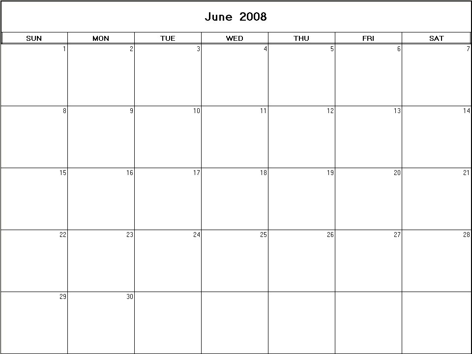 printable blank calendar image for June 2008
