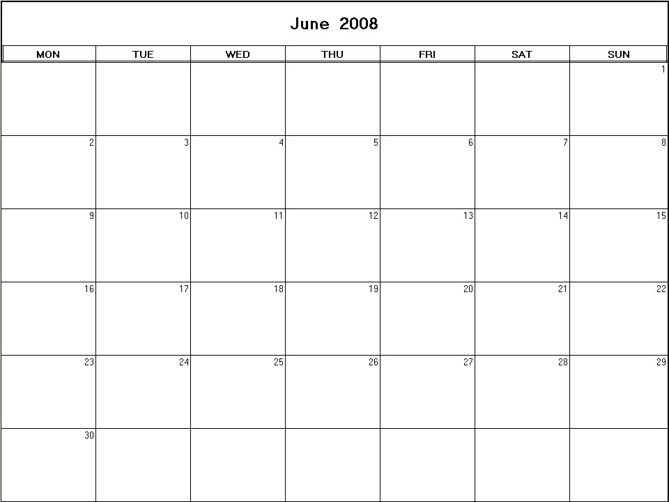 printable blank calendar image for June 2008