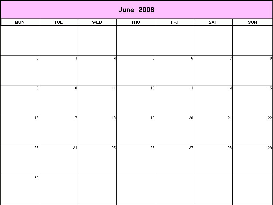 printable blank calendar image for June 2008