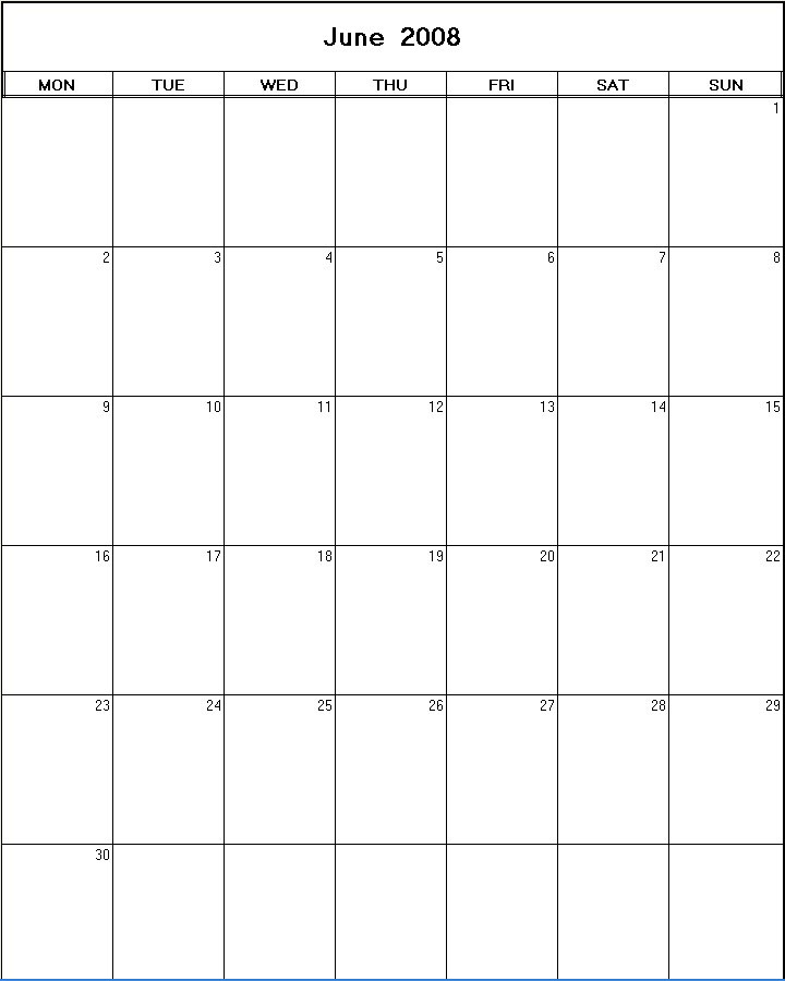 printable blank calendar image for June 2008