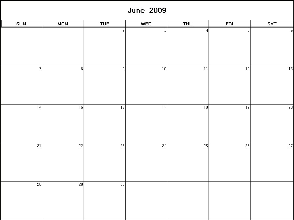 printable blank calendar image for June 2009