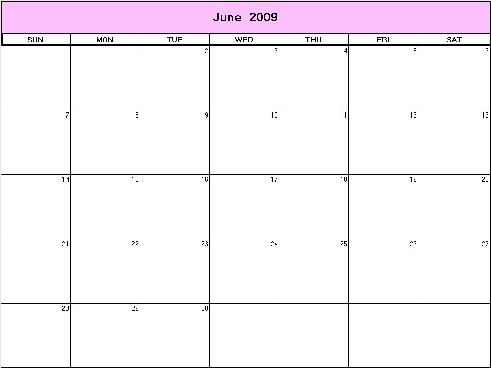 printable blank calendar image for June 2009