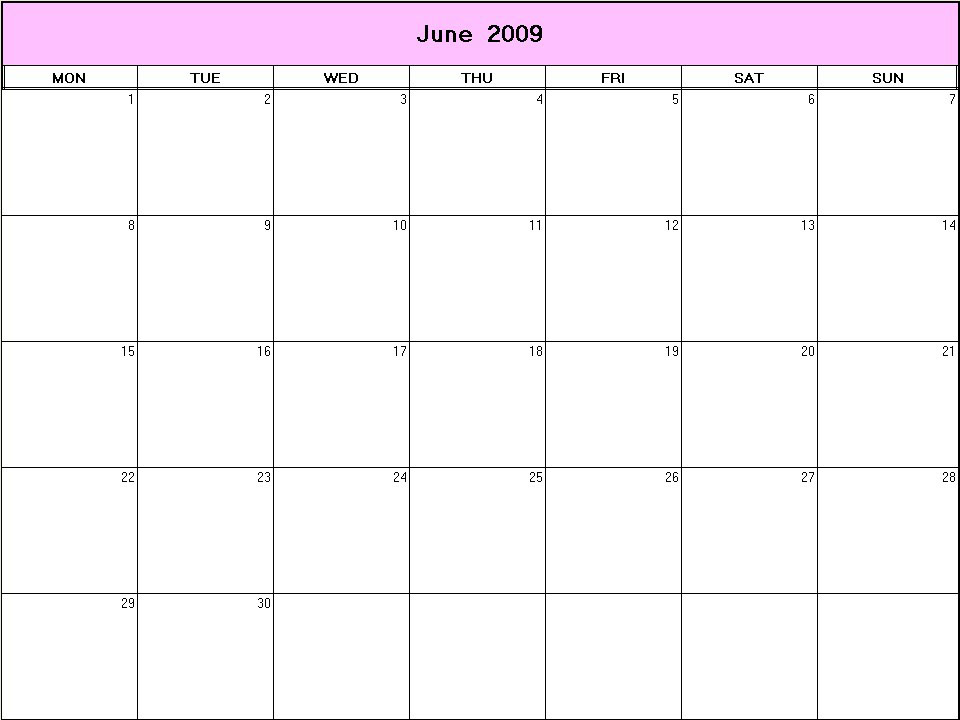 printable blank calendar image for June 2009