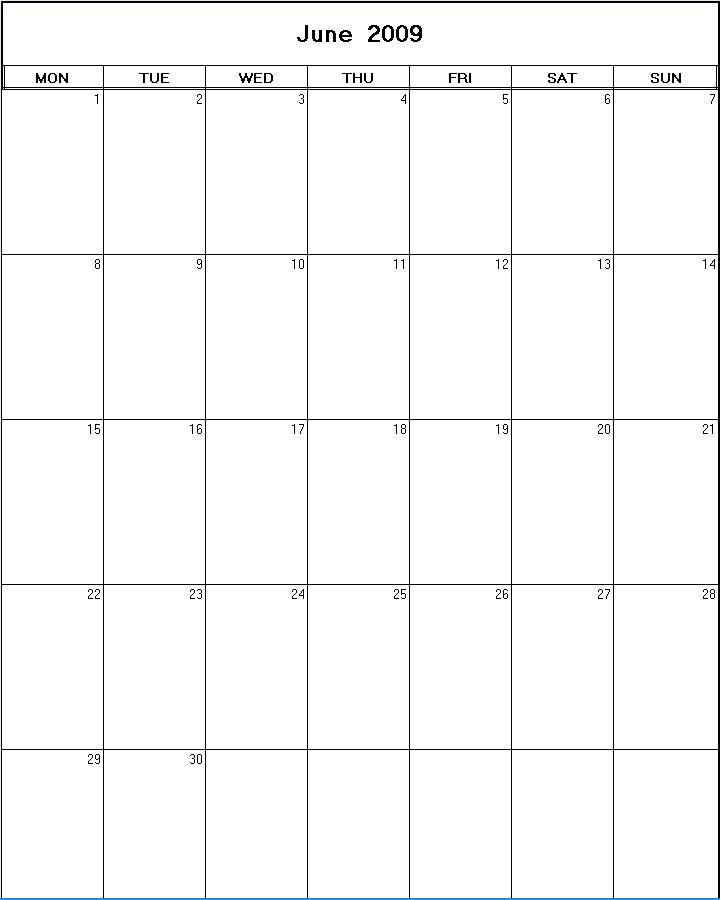 printable blank calendar image for June 2009