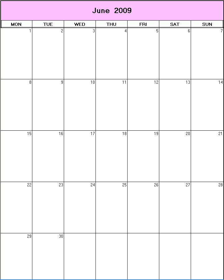 printable blank calendar image for June 2009