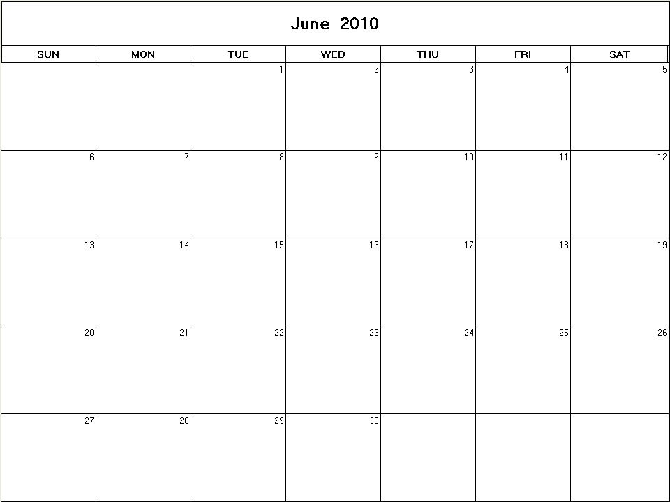 printable blank calendar image for June 2010