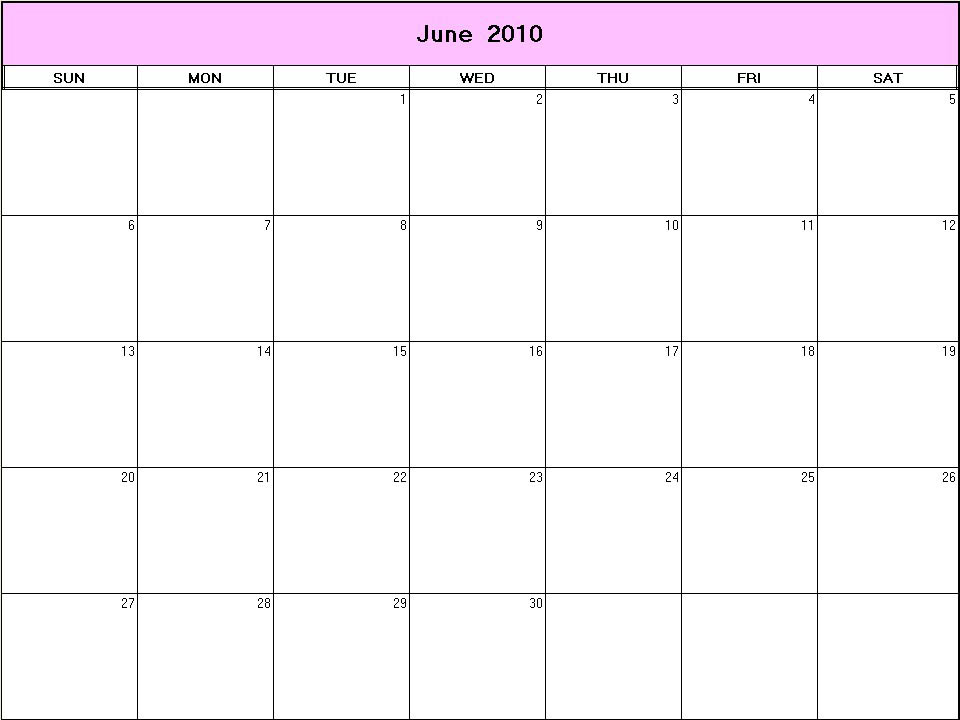 printable blank calendar image for June 2010